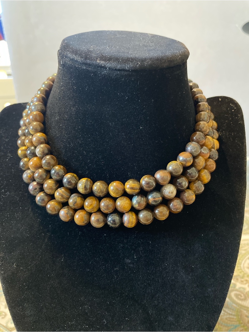 Tiger Eye Beaded Statement Necklace - 3-Strand Set